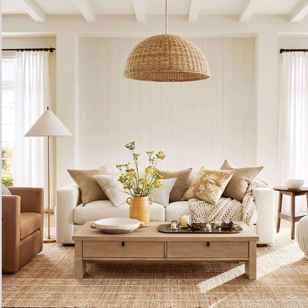 Audara Classic Rattan Pendant Light E26/E27 Base Diameter 19.7in Hanging Lamp Semi-Circular Lid Shape Chandeliers for Hallway Stairwell Living Room Balcony Dining Room Lighting Fixture