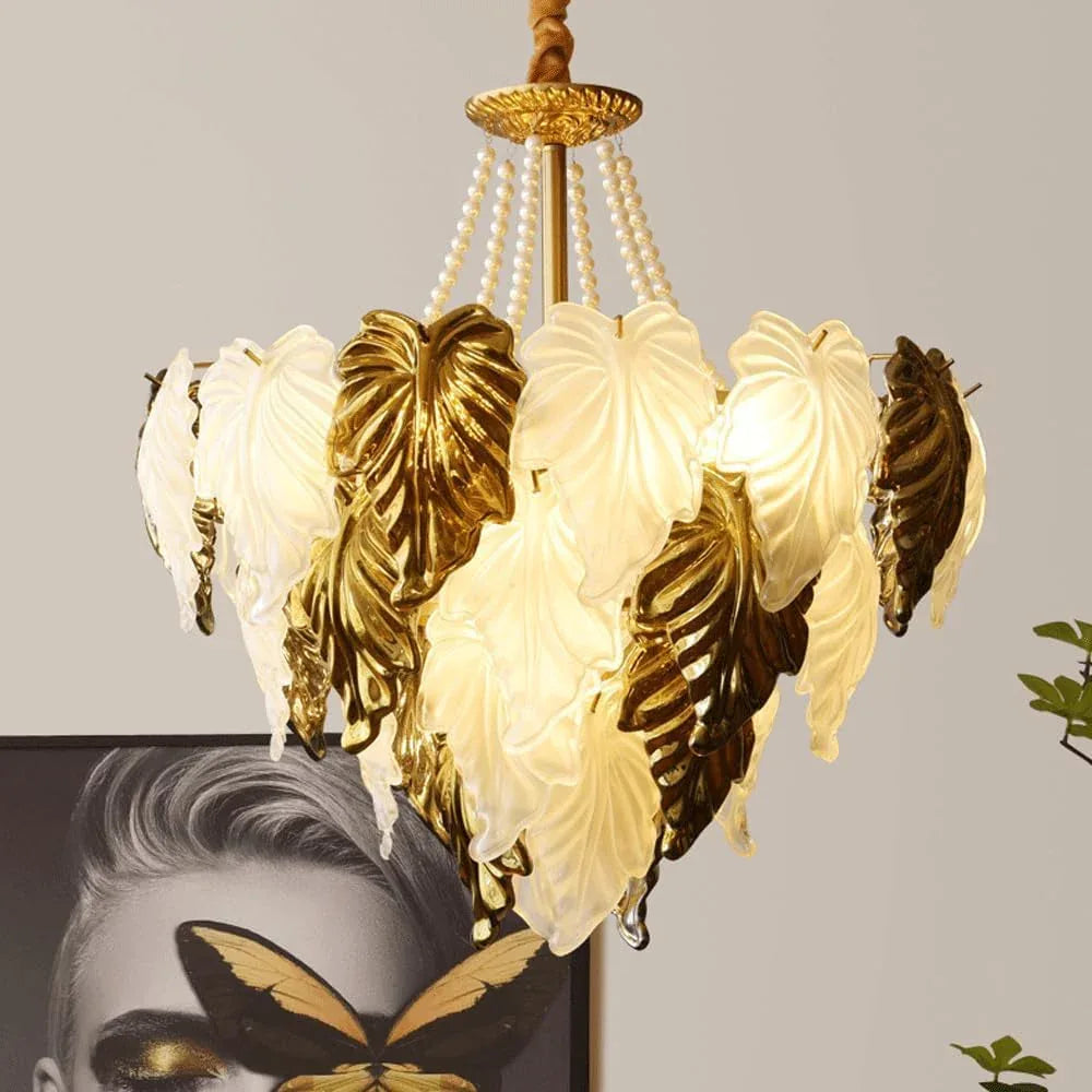 Audara-24-inch Crystal Chandeliers in Leaf-Shaped White with Gold Accents European Modern-Style Chandeliers for Living Rooms, Bedrooms, Studies, Hotels, Kitchens, and Island Ceiling Lights