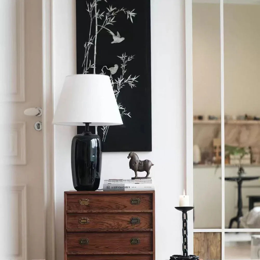 Audara-New Chinese Study Bedroom Bedside Desk Light Office Living Room Wall Cabinet Desk Lamp Villa Farmhouse Club B&B Decoration Table Lamp Luxury Modern Fabric Black Ceramic Lighting Fixture