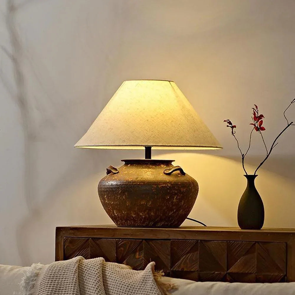 Audara-Japanese Wabi-sabi Tea House Study Living Room Desk Light Natural Vintage Pottery Desk Lamp Club Coffee Shop Hotel Front Desk Table Lamp Farmhouse Cottage Rustic Lighting Fixture