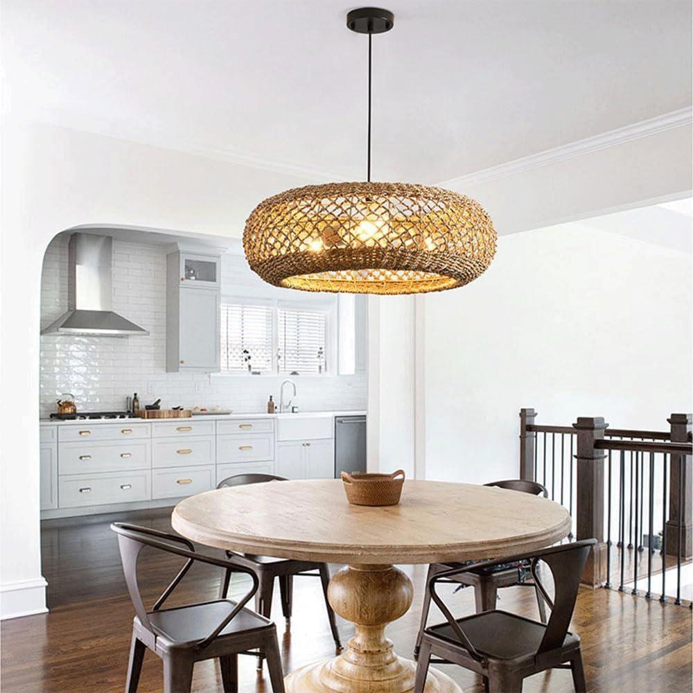 Audara-Chinese Elegant Zen Grass Rattan Color Pendant Light Rattan Round Hanging Lamp E26/E27 Lamp Base Diameter 19.7in Chandeliers For Hallway Stairwell Living Room Bedroom Dining Room Lighting Fixtu