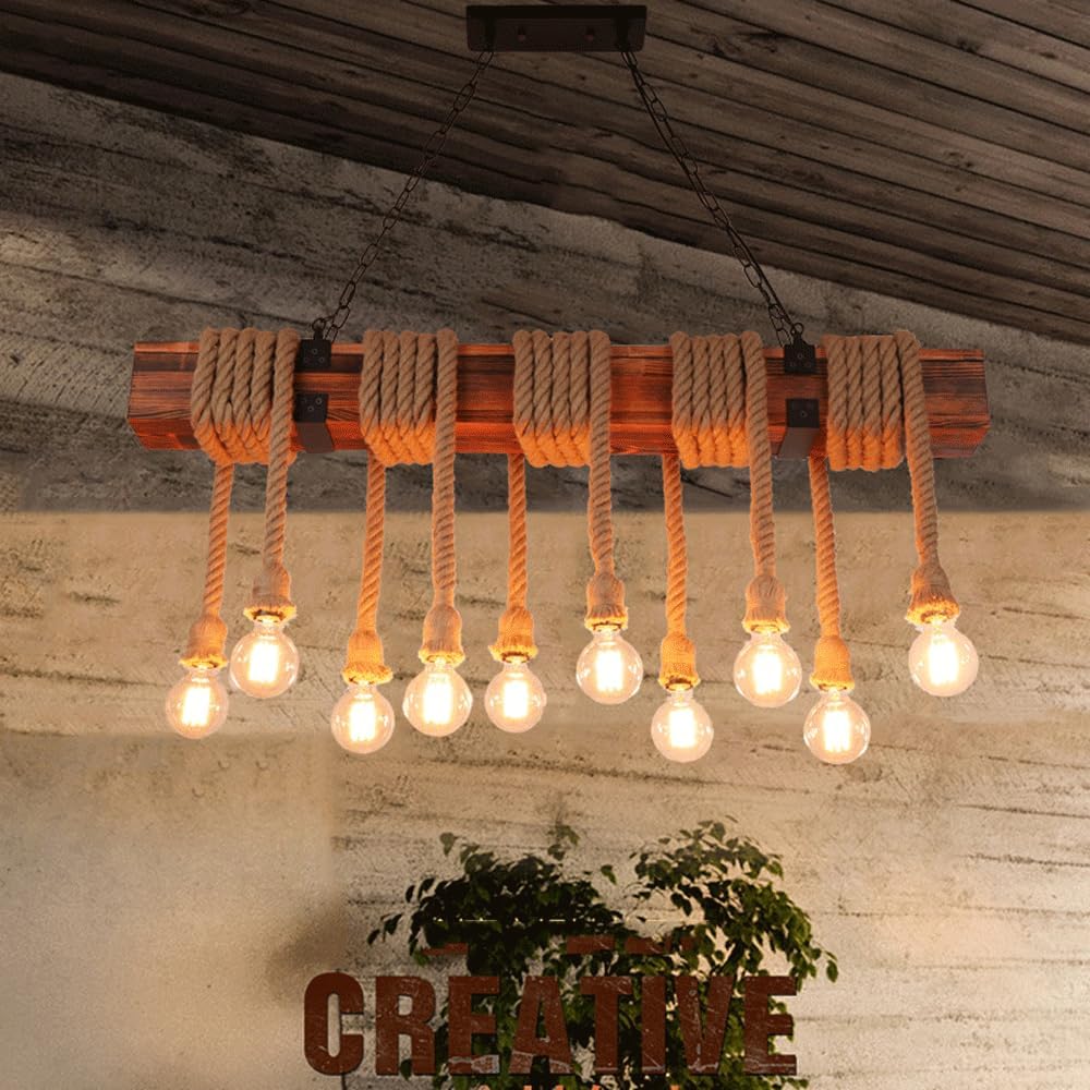 Audara-43-inch Rope Woven Pendant Light With 10 Lamp Heads Retro-style Tropical Ceiling Light Fixture Suitable For Bedrooms, Hotels, Malls, Tea Houses, Bars, Kitchen Islands, And Other Spaces Retro La
