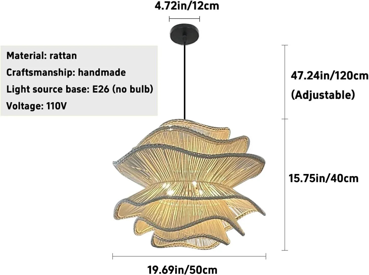 Audara-Medium Hanging Lamp 3-Tier Japanese Rattan Chandelier Suitable for Living Room, Hallway, Farmhouse, Beach House, New Chinese Lighting (D19.69in/50cm)