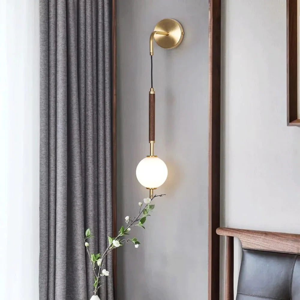 Audara-Bedroom Bedside Wall Lamp Light Luxury Living Room Walnut Wall Lights Simple New Chinese All Copper Sconces Living Room Background Wall Modern Mounted Lighting Fixture