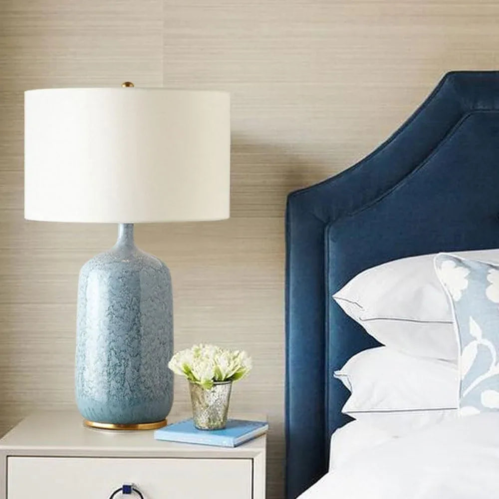 Audara-American Creative Office Hotel Front Desk Light Creative Light Luxury Fabric Blue Ceramic Desk Lamp Club Coffee Shop Cottage Farmhouse Rustic Table Lamp Living Room Bedroom Lighting Fixture