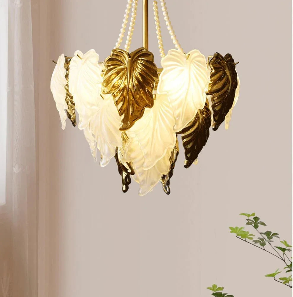 Audara-24-inch Crystal Chandeliers in Leaf-Shaped White with Gold Accents European Modern-Style Chandeliers for Living Rooms, Bedrooms, Studies, Hotels, Kitchens, and Island Ceiling Lights