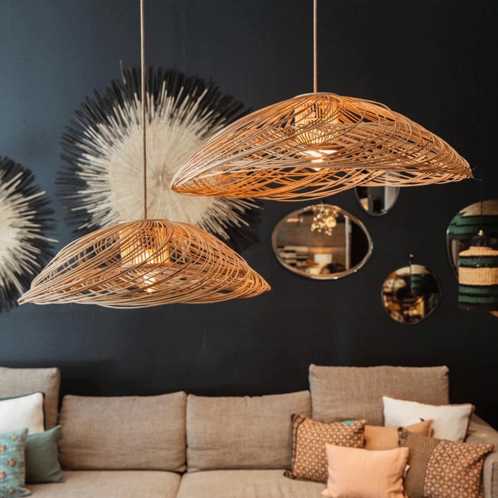 Audara-27in Woven Rattan Pendant Light Bohemian & Wabi-Sabi Style Multi-Functional Ceiling Light Fixture Suitable for Bedrooms, Hotels, Study Rooms, Dining Areas, Entryways & More Retro Lamp