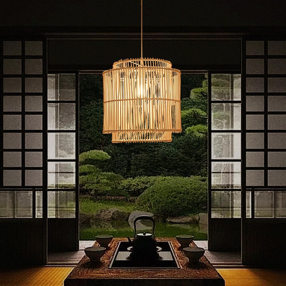 Audara-16in Woven Rattan Pendant Light Bohemian & Wabi-Sabi Style Multi-Functional Ceiling Light Fixture Suitable for Bedrooms, Hotels, Study Rooms, Dining Areas, Entryways, and More Retro Lamp
