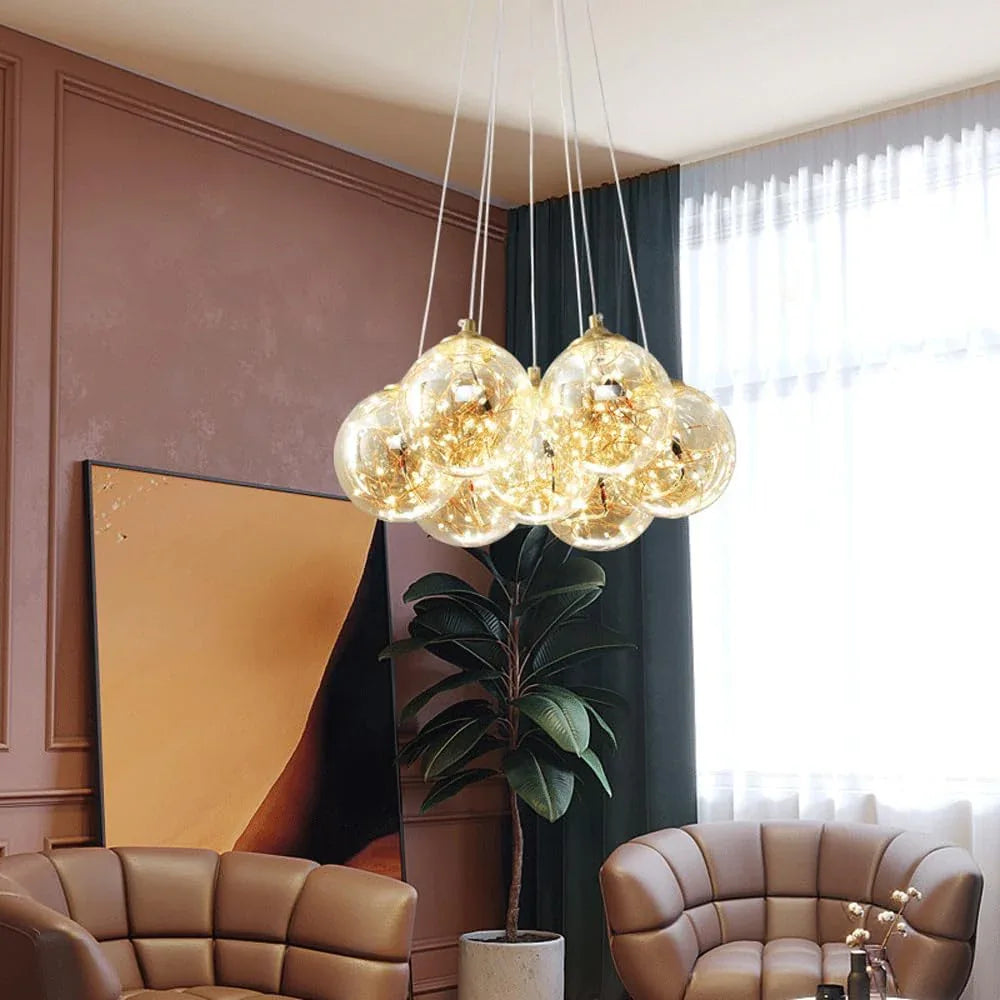 Audara-Personalized Creative All Brass Bedside Pendant Light Light Luxury Full Star Glass Hanging Lampe Gold Dimmable Multi Head Chandeliers Bedroom Living Room Dining Room Decor Lighting Fixture