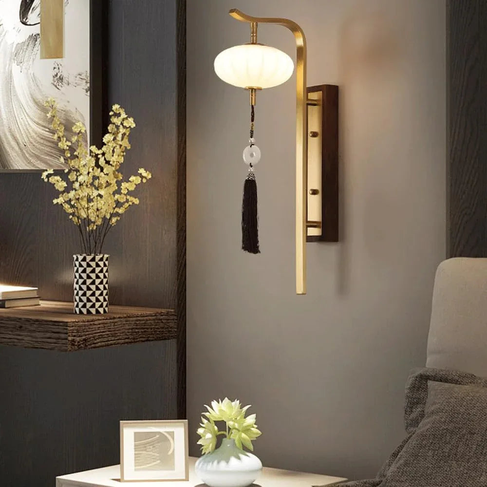 Audara-New Chinese Style Full Copper Wall Lamp Light Luxury Living Room Background Wall Lights Creative Walnut Sconces Bedroom Bedside Decoration Mounted Lighting Fixture
