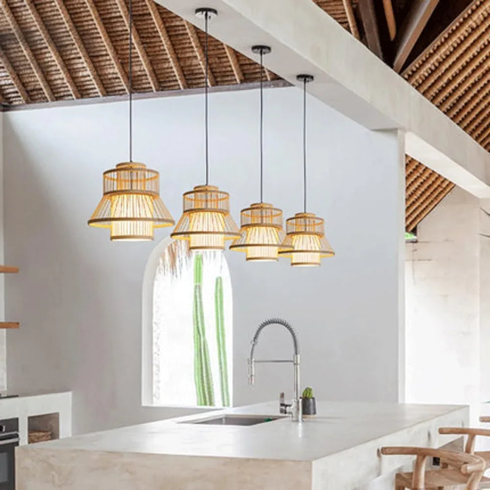Audara-16-inch Woven Pendant Light Bamboo Frame Paired with Parchment Lampshade Blends Bohemian, Wabi-Sabi, and Tropical Styles Ceiling Light Fixture Suitable for Bedrooms, Hotels, and Entryways
