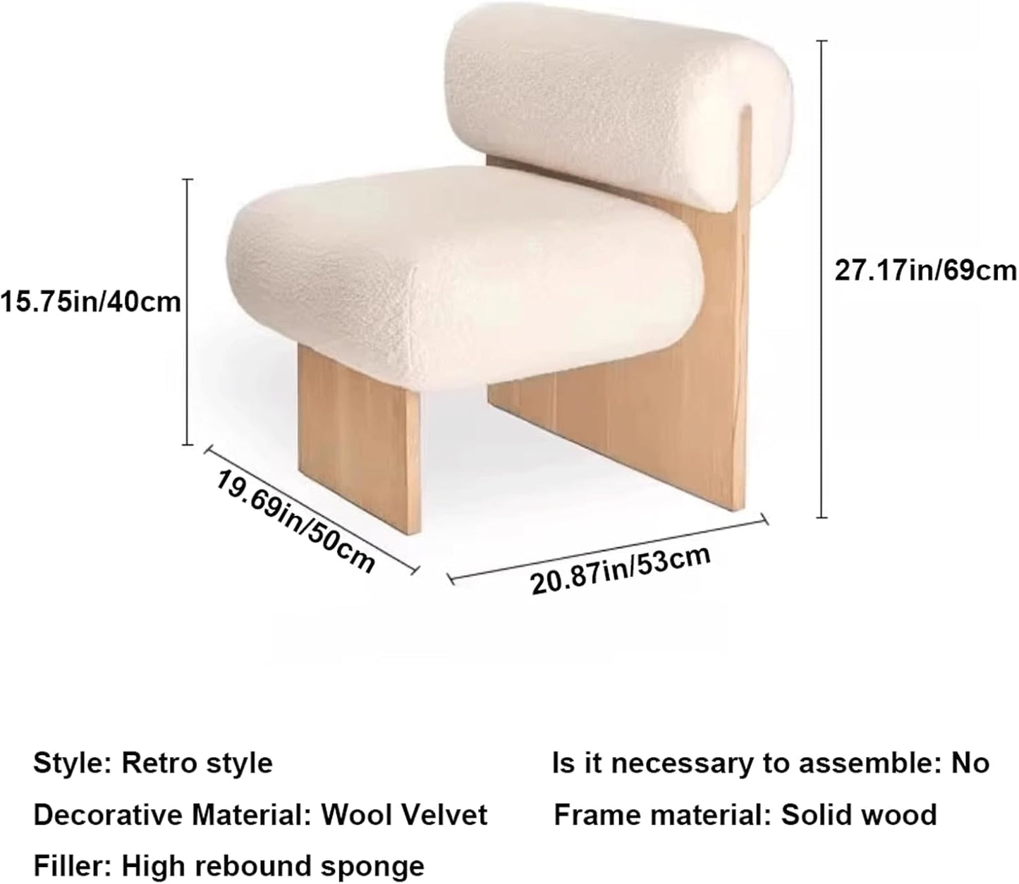 Audara-White Fleece Living Room Side Chair with Solid Wood Legs 27 Inch Individual Personalized Creative Comfy Armless Chair Installation Free Suitable for Living Room, Bedroom, Hotel