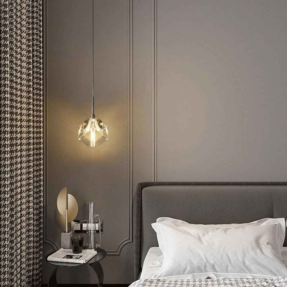 Audara-Crystal Pendant Light, 3.15 Inches, Three Colors Available, Cube Shape, A Modern Small Bedside Lamp Suitable for Bedrooms, Hotels, Restaurants, Kitchen Islands, and Other Spaces.