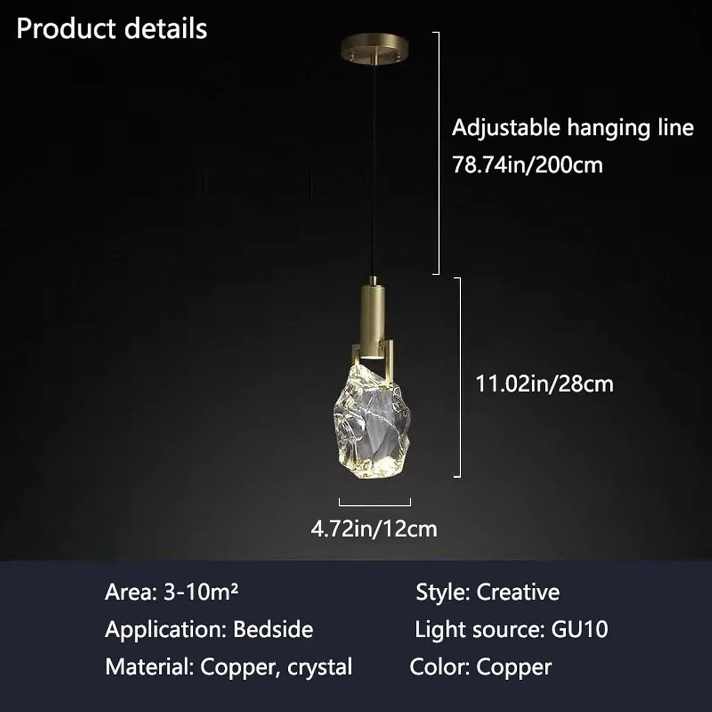 Audara-All Copper Single Head Crystal Bedside Pendant Light Light Luxury Post-Modern Hanging Lamp Living Room Study Background Decoration Chandelier Simple Long Line Lighting Fixture