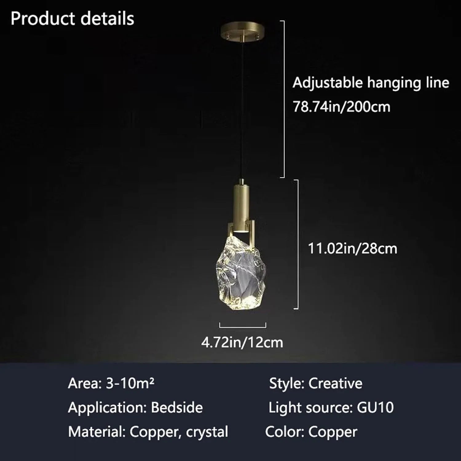Audara-All Copper Single Head Crystal Bedside Pendant Light Light Luxury Post-Modern Hanging Lamp Living Room Study Background Decoration Chandelier Simple Long Line Lighting Fixture
