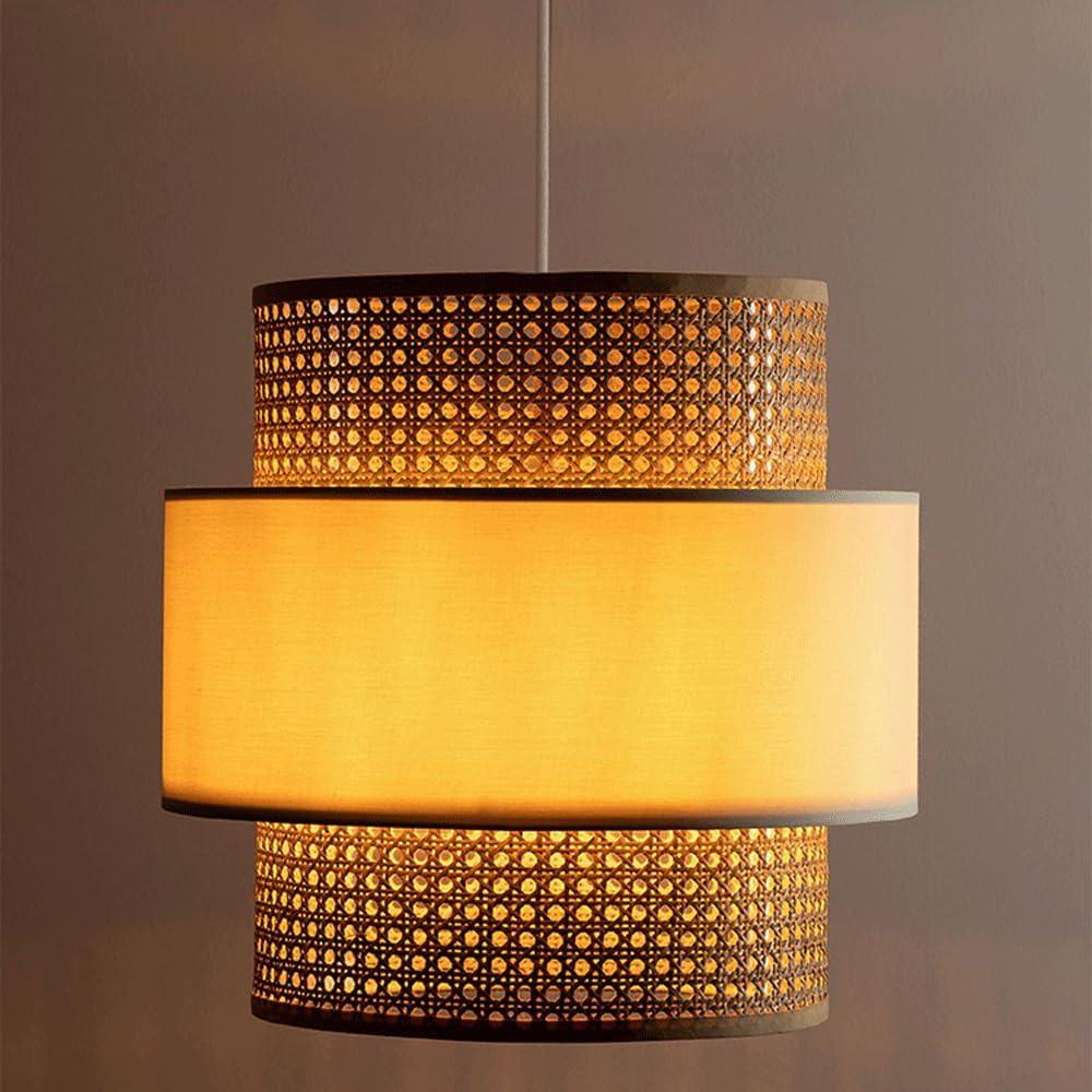 Audara-12-inch Woven Pendant Light Metal Frame with Parchment and Synthetic Rattan Shade Bohemian-Style Ceiling Light Fixture Suitable for Bedrooms, Hotel Lobbies, Entryways, and Kitchen Islands