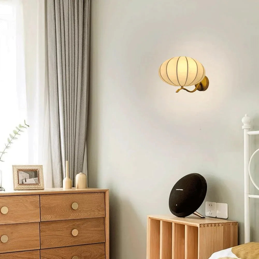 Audara-Bedroom Bedside Silk Wall Lamp Pumpkin French Cream Wind Wall Lights Modern Living Room Backdrop Sconces Simple Aisle Corridor Ambiance Mounted Lighting Fixture