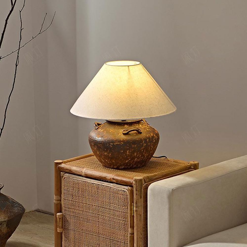 Audara-Japanese Wabi-sabi Tea House Study Living Room Desk Light Natural Vintage Pottery Desk Lamp Club Coffee Shop Hotel Front Desk Table Lamp Farmhouse Cottage Rustic Lighting Fixture