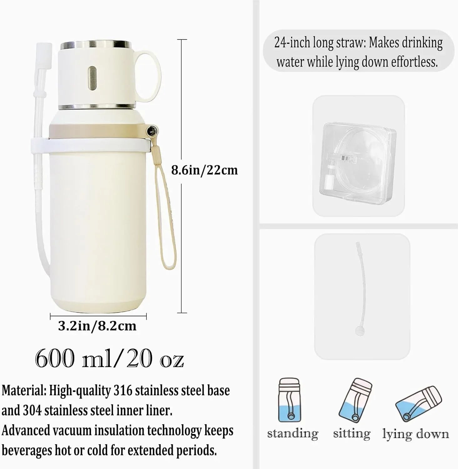 Audara-20 oz With Cup Lid Stainless Steel Vacuum Insulated Bottle,Extended Retractable Straw Travel Mug,Thermo Bottle For Hot Cold Drinks,Long-lasting Insulated Hands-free Water Bottle（Creamy White）