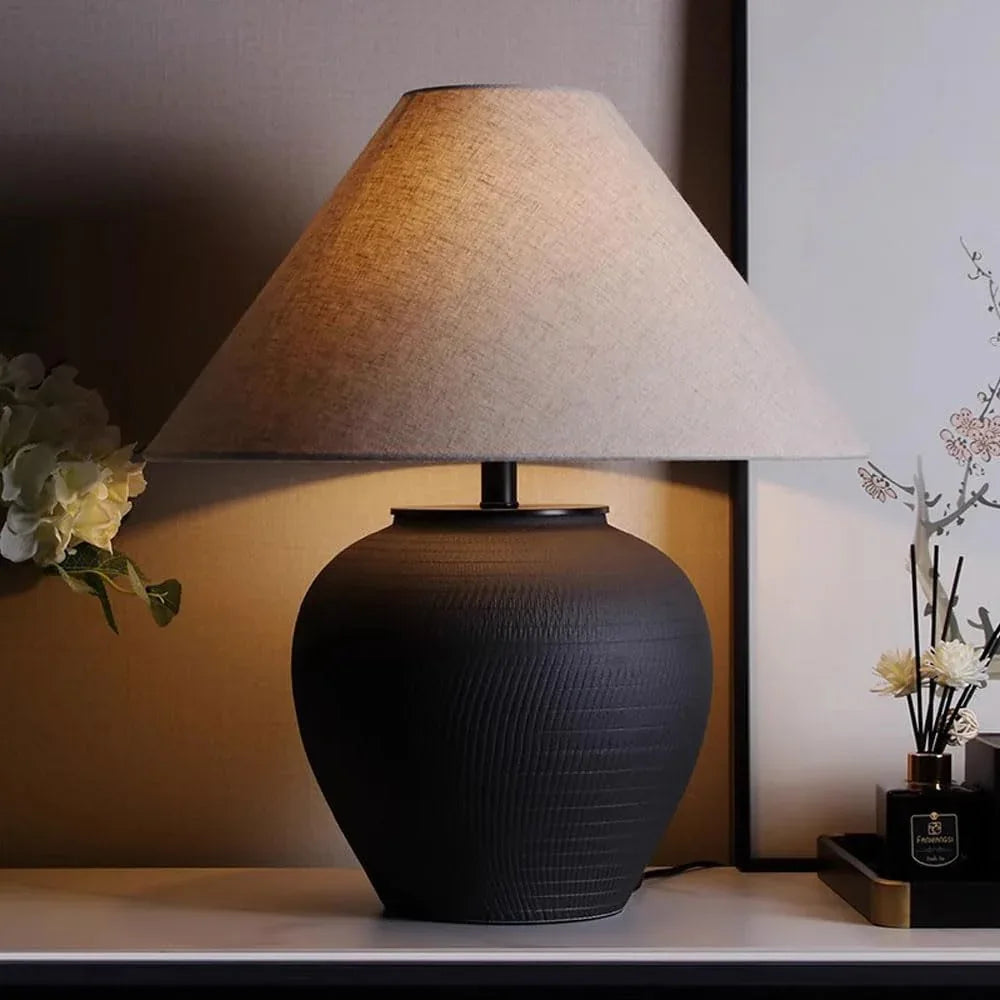 Audara-Chinese Light Luxury Linen Pottery Pot Desk Light Classic Elegant Villa Tea House Study Desk Lamp Living Room Bedroom Bed Office Table Lamp B&B Hotel Farmhouse Country Lighting Fixture