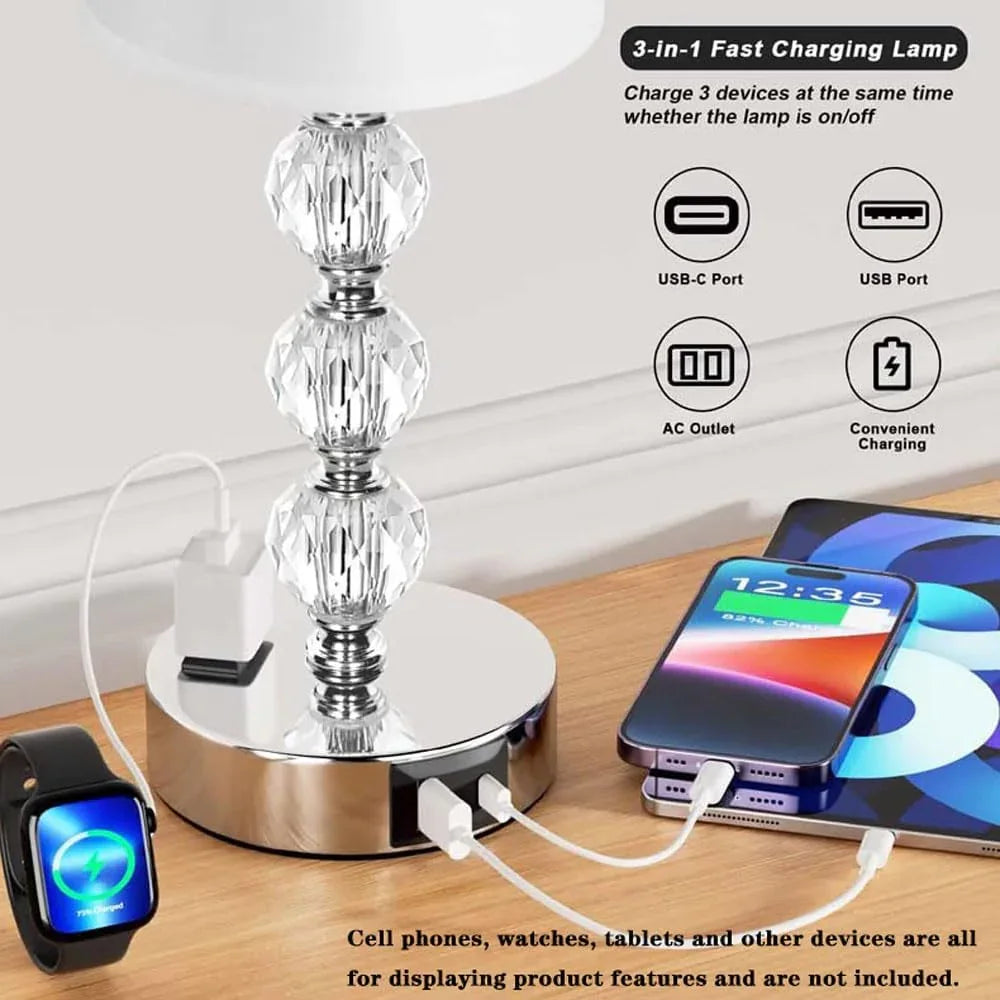 Audara-Luxury Creative Touch Switch with 2 USB/1 AC Charging Port Fabric Metal Desk Light Study Room Bedroom Bedside Desk Lamp Three Dimming Office Table Lamp Dormitory Apartment Lighting Fixture