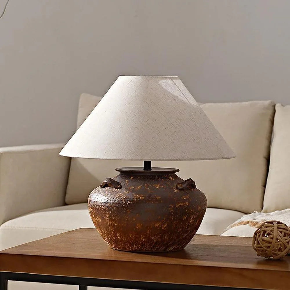 Audara-Japanese Wabi-sabi Tea House Study Living Room Desk Light Natural Vintage Pottery Desk Lamp Club Coffee Shop Hotel Front Desk Table Lamp Farmhouse Cottage Rustic Lighting Fixture
