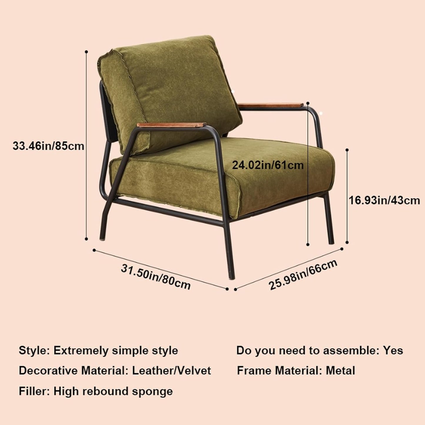 Audara-33 inch Leisure backrest Sofa Chair, Single Bench Orange Wooden armrest Oversized Accent Chair, Detachable backrest Design, Metal Frame, Suitable for Living Room, Bedroom, Reading Room