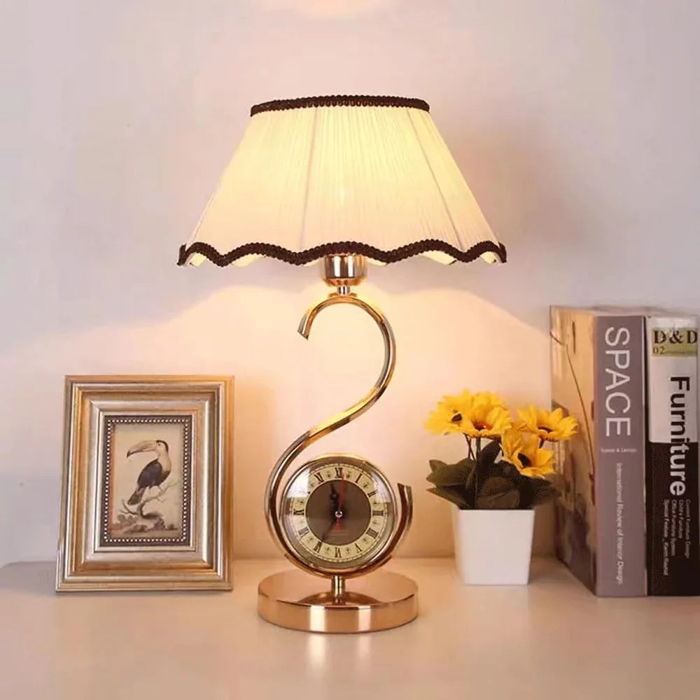 Audara-European Customised With Clock Handmade Fabric Desk Light Classic Luxury Bedroom Bedside Desk Lamp Study Room Living Room Office Table Lamp B&B Hotel Front Desk Coffee Shop Restaurant Lighting Fixture