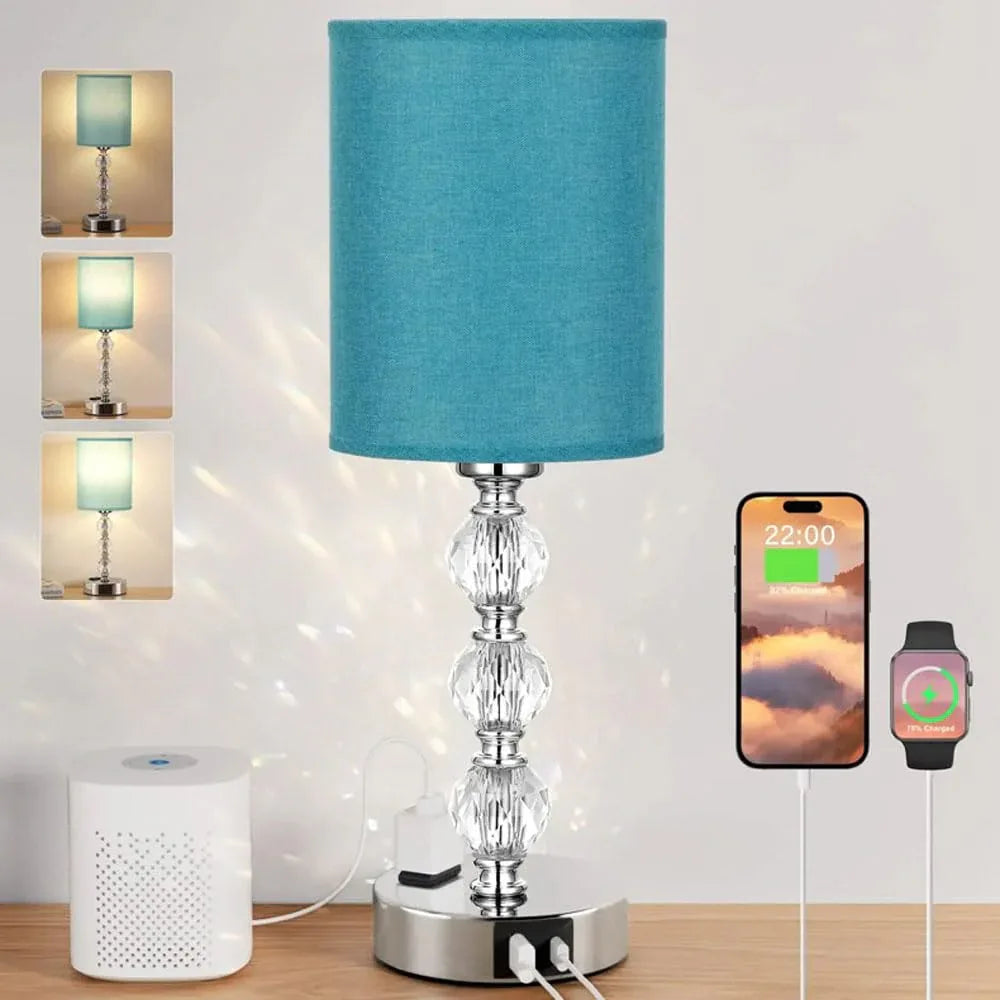 Audara-Luxury Creative Touch Switch with 2 USB/1 AC Charging Port Fabric Metal Desk Light Study Room Bedroom Bedside Desk Lamp Three Dimming Office Table Lamp Dormitory Apartment Lighting Fixture Blue