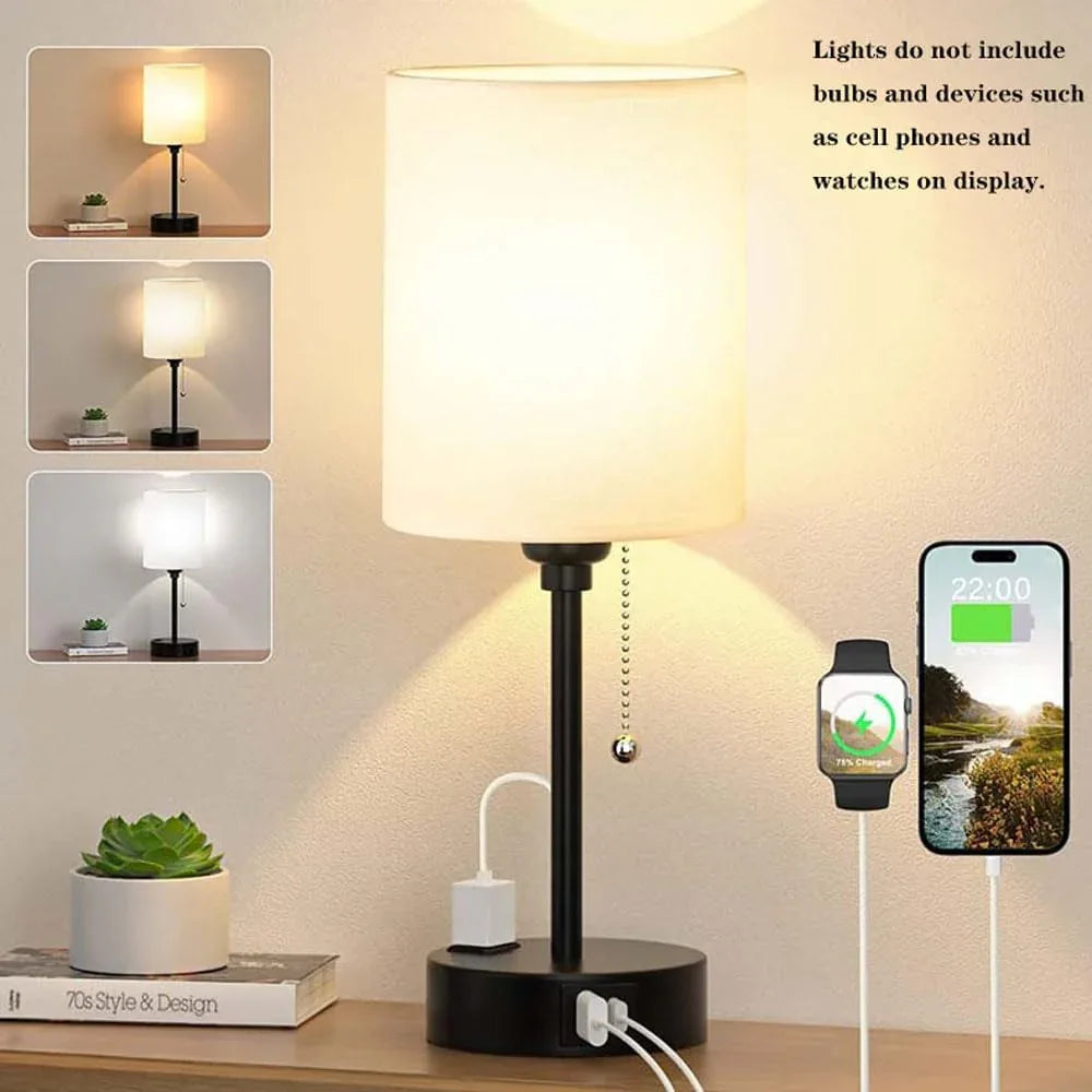 Audara-Modern Simple Bedroom Study Office Desk Light American Style Personalized Zipper Switch 2 USB 1 AC Ports Fabric Desk Lamp Apartment Hotel Decor Table Lamp Living Room Wall Cabinet Lighting Fixture