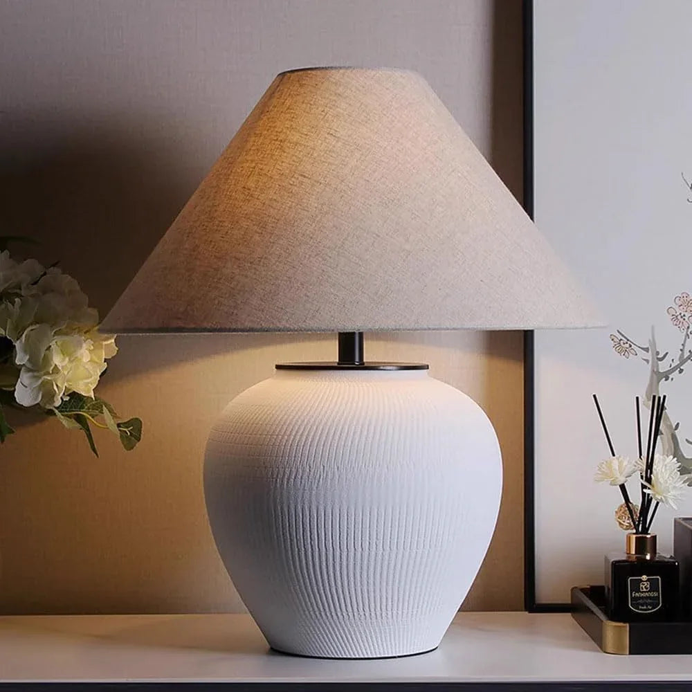 Audara-Chinese Light Luxury Linen Pottery Pot Desk Light Classic Elegant Villa Tea House Study Desk Lamp Living Room Bedroom Bed Office Table Lamp B&B Hotel Farmhouse Country Lighting Fixture