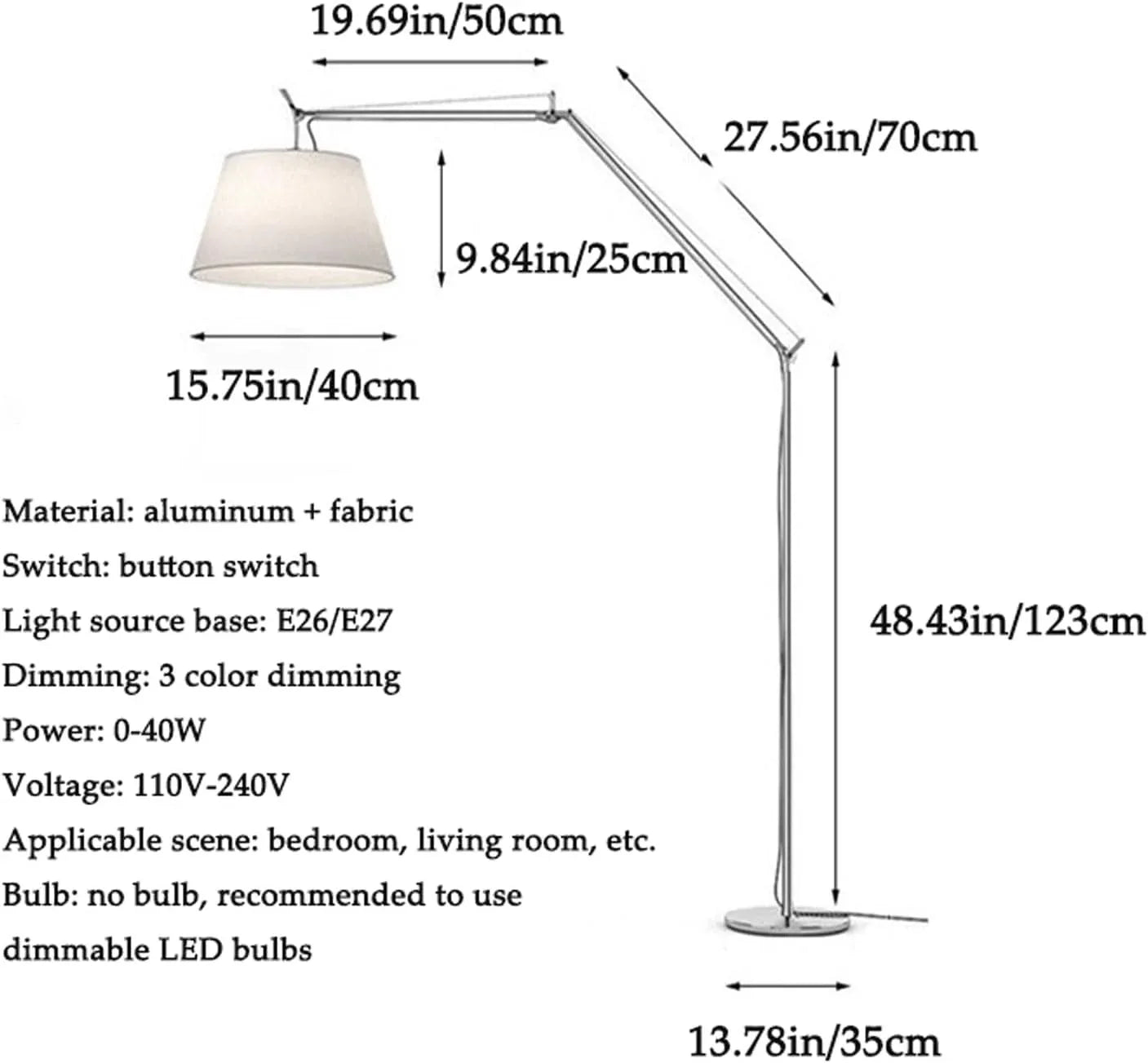 Audara-Creative Adjustable Cantilever Aluminum Floor Lamp 3 Color Dimming E26 Study Office Standing Lamp Showroom Farmhouse B&B Torchiere Restaurant Bedroom Lighting Fixture