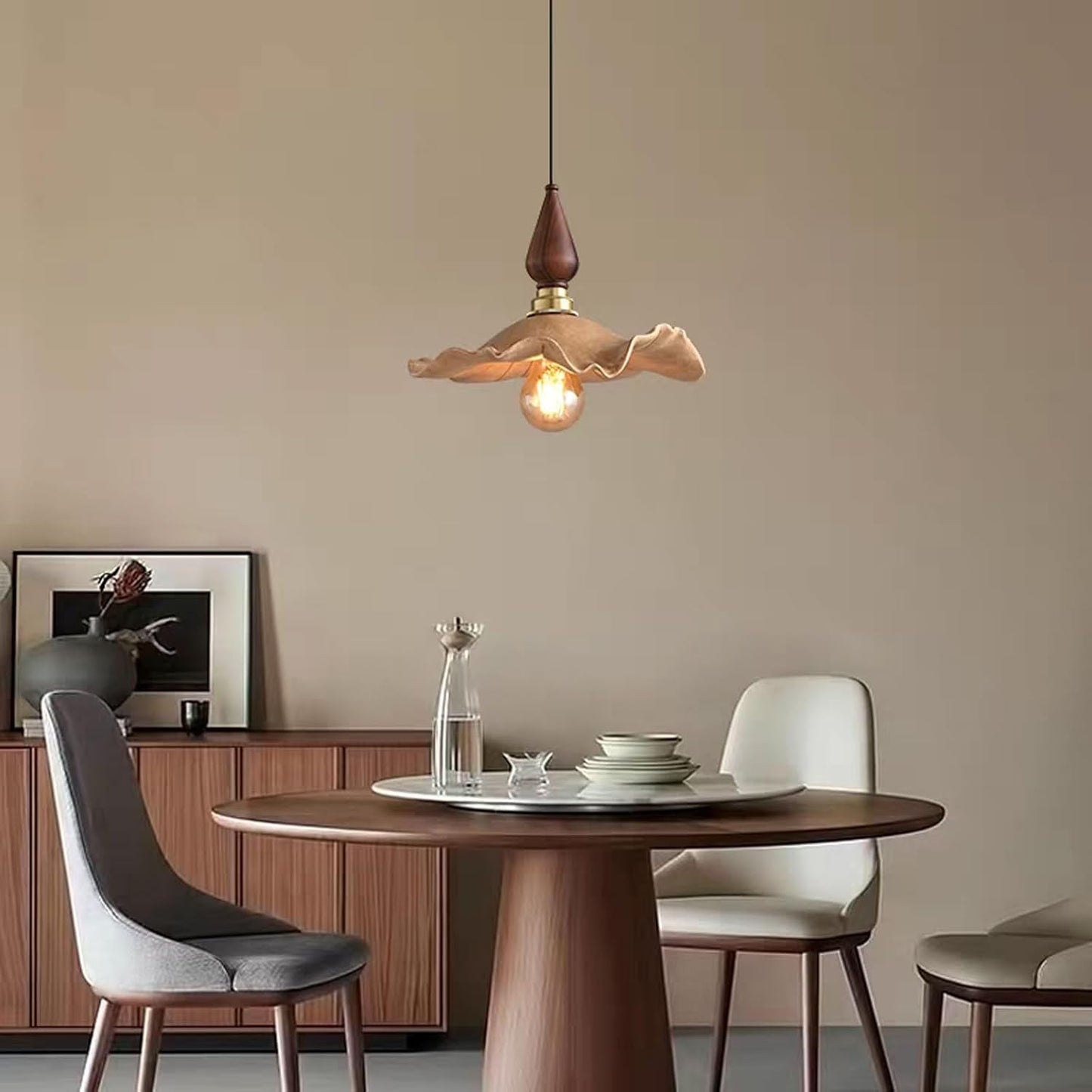 Audara-Wood Color Lotus Leaf Resin Pendant Light Gold Aluminum Body Bedroom Bedside Hanging Lamp 10.23in E27 Base Single Head Living Room Dining Chandeliers Cafe Lighting Fixtures
