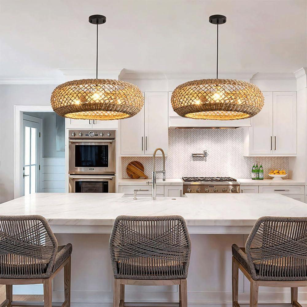 Audara-Chinese Elegant Zen Grass Rattan Color Pendant Light Rattan Round Hanging Lamp E26/E27 Lamp Base Diameter 19.7in Chandeliers For Hallway Stairwell Living Room Bedroom Dining Room Lighting Fixtu
