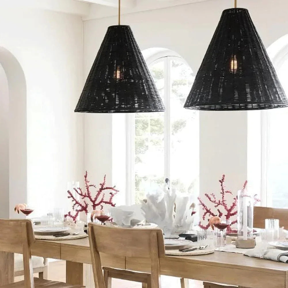 Audara-Tapered Rattan Chinese Style Pendant Light Natural Color Black Hanging Lamp E26/E27 Base Diameter 11.8in Chandeliers For Living Room Bedroom Kitchen Island Hallway Cafe Restaurant Lighting Fixt