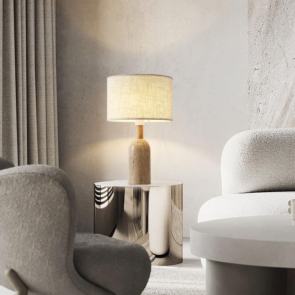 Audara-Natural Travertine Fabric Desk Light Warm Simple E27 H18.9in Bedroom Study Desk Lamp Restaurant Coffee Shop Club Decoration Table Lamp Farmhouse B&B Lighting Fixture