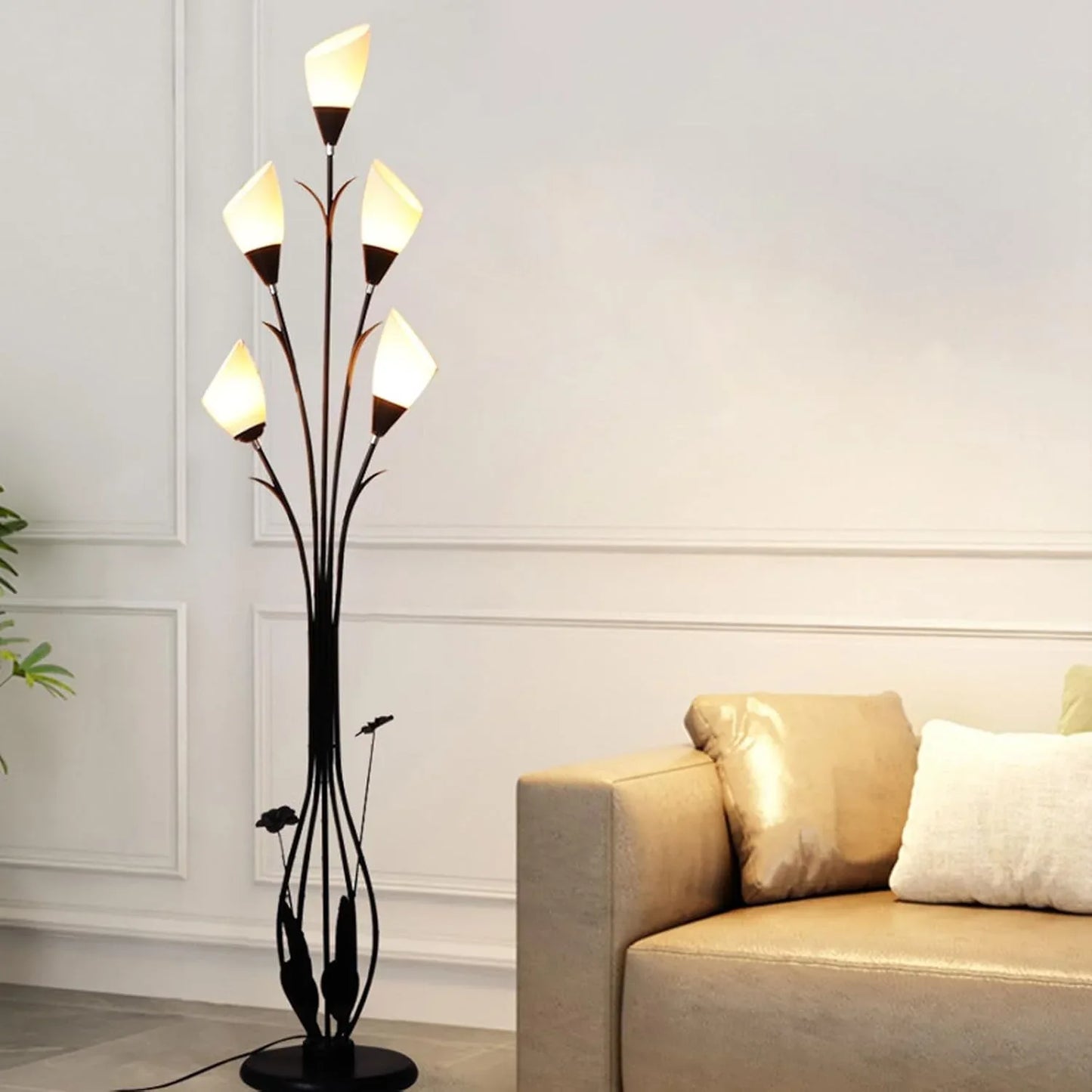Audara-Creative Simple Study Bedroom Floor Lamp Black E26 5 Light Source Tri-Color Dimming Metal Acrylic Standing Lamp H66in Living Room Couch Side Torchiere Villa Club Dining Room Lighting Fixture