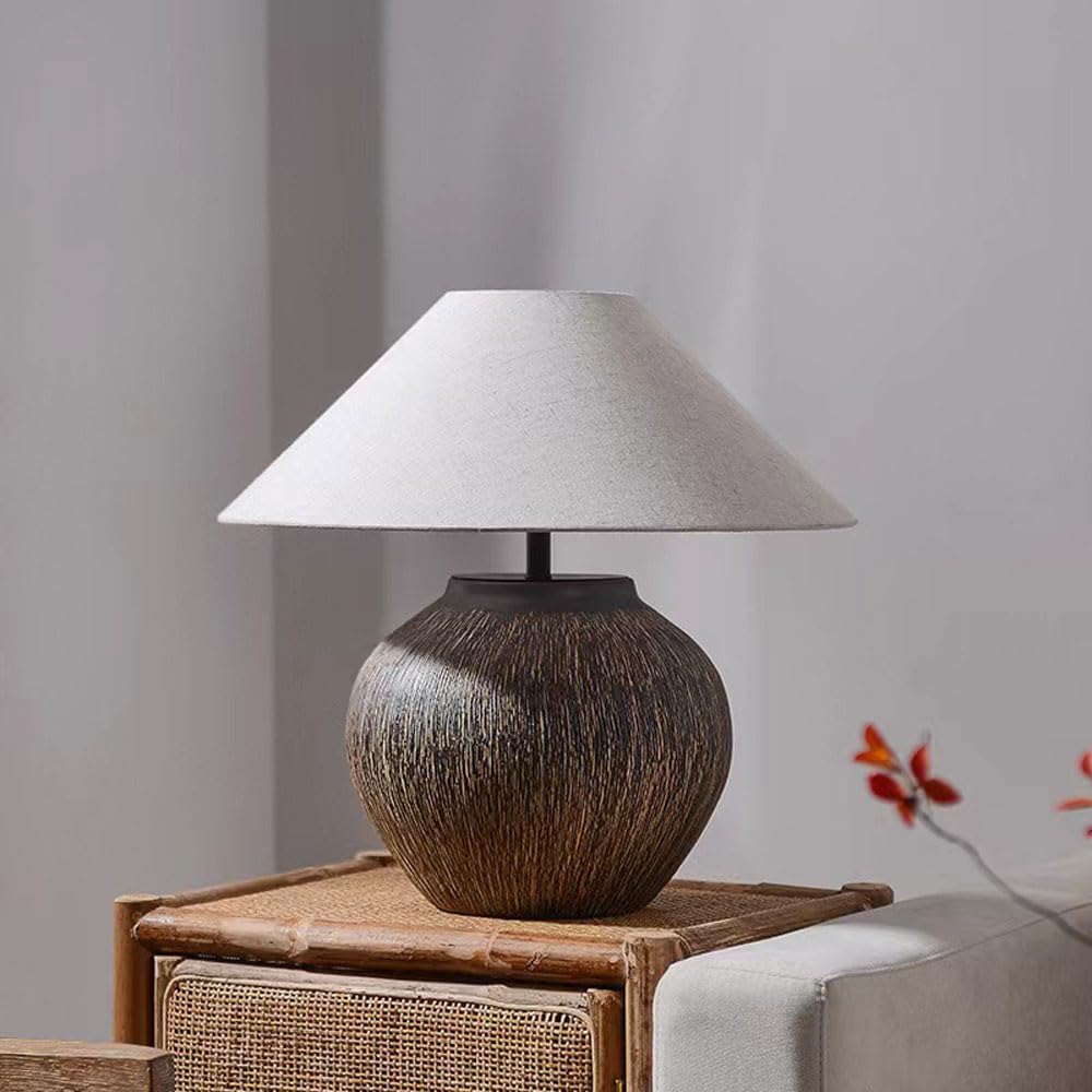 Audara-Vintage Wabi-sabi Style Living Room Bedroom Bedside Desk Light Natural Classic Fabric Pottery Jar Desk Lamp Club Dining Room Villa Table Lamp Coffee Shop Hotel Front Desk Rustic Lighting Fixture