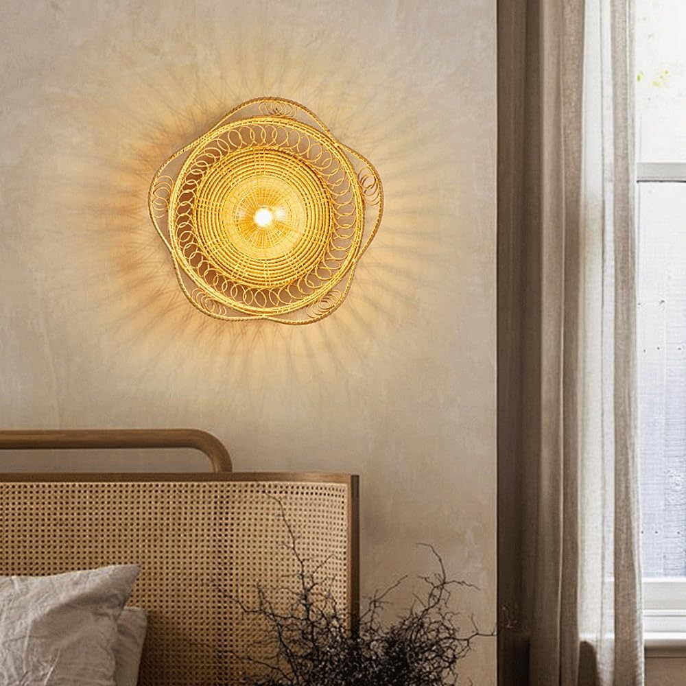 Audara-Original Bamboo Woven Wall Lamp Chinese Bamboo Art Simple Wall Lights Japanese Zen Tea Room Restaurant Sconces Hand Woven 11.42in Art Mounted Lighting Fixture