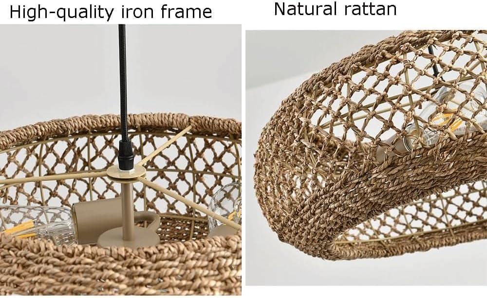 Audara-Chinese Elegant Zen Grass Rattan Color Pendant Light Rattan Round Hanging Lamp E26/E27 Lamp Base Diameter 19.7in Chandeliers For Hallway Stairwell Living Room Bedroom Dining Room Lighting Fixtu