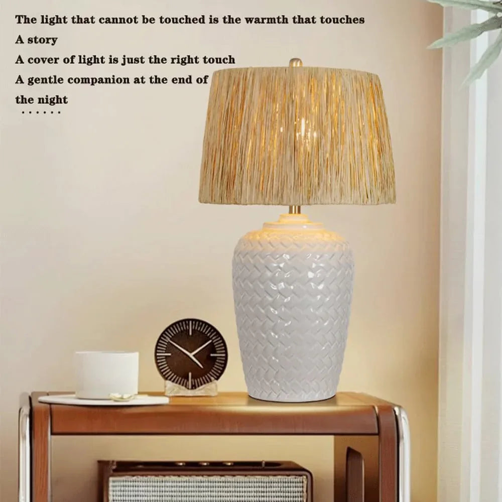 Audara-Wabi-sabi Style Living Room Bedroom Bedside Desk Light Luxury Zen Raffia White Ceramic Desk Lamp Study Couch Side Counter Table Lamp B&B Villa Farmhouse Lighting Fixture