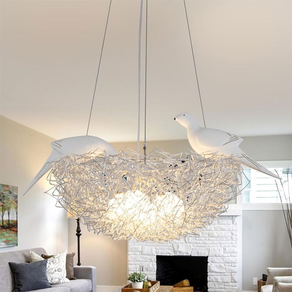 Audara Creative Art 2 Birds Bird Nest Shape Aluminum Pendant Light 5/8 Light Source Bedroom Study Dining Room Hanging Lamp Warm Living Room Kitchen Island Chandelier Farmhouse Rustic Lighting Fixture