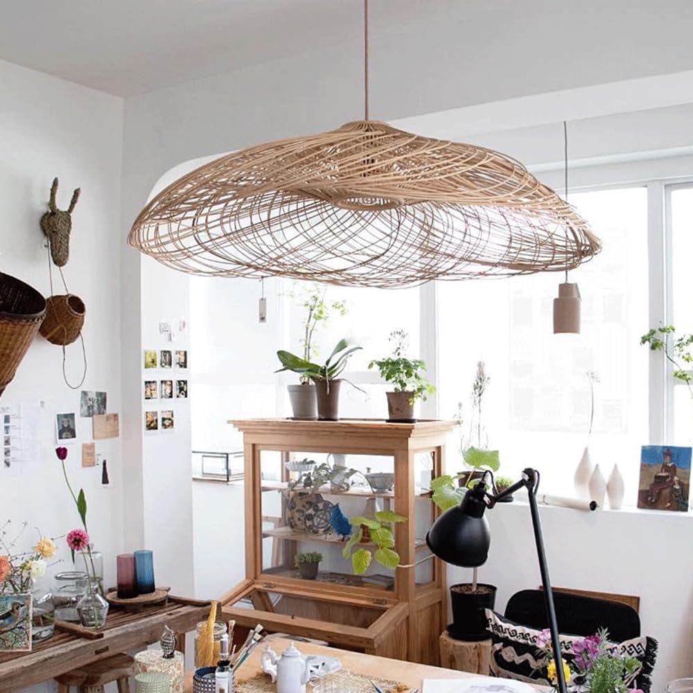 Audara-27in Woven Rattan Pendant Light Bohemian & Wabi-Sabi Style Multi-Functional Ceiling Light Fixture Suitable for Bedrooms, Hotels, Study Rooms, Dining Areas, Entryways & More Retro Lamp