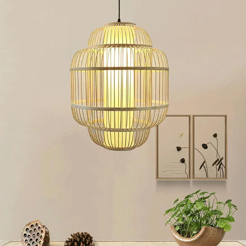 Audara-16-inch Woven Pendant Light Bamboo Frame with Parchment Paper Shade Compatible with Most Bulbs Bohemian, Wabi-Sabi, Tropical-Inspired Ceiling Light Fixture