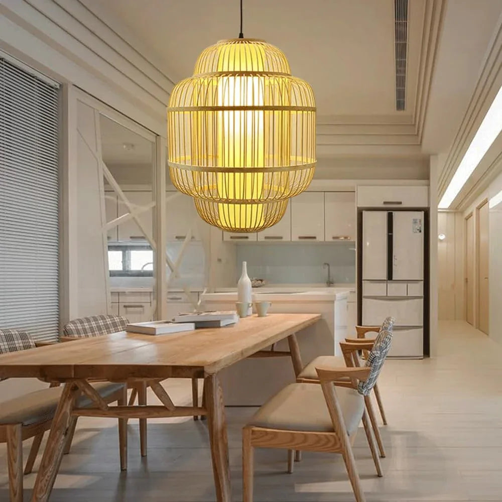 Audara-16-inch Woven Pendant Light Bamboo Frame with Parchment Paper Shade Compatible with Most Bulbs Bohemian, Wabi-Sabi, Tropical-Inspired Ceiling Light Fixture