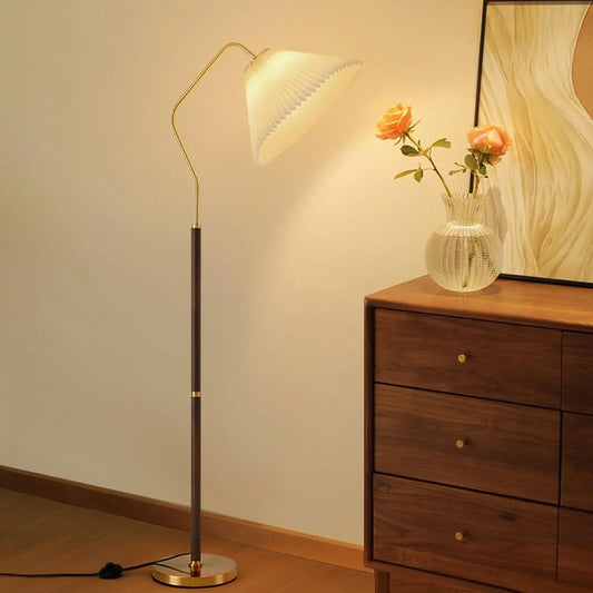 Audara-Vintage Creative Living Room Couch Side Floor Lamp Angle Adjustable E26 3 Shades Hand-Woven Pleated Fabric Standing Lamp H59.in Metal Ash Wood Torchiere Villa Dining Room Decorative Lighting Fixture