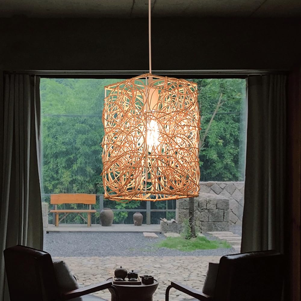 Audara-7-inch Square Woven Pendant Light Metal Frame Paired with Rattan Material Fresh and Elegant Appearance Retro Without Being Old-Fashioned Bohemian Ceiling Light Fixture