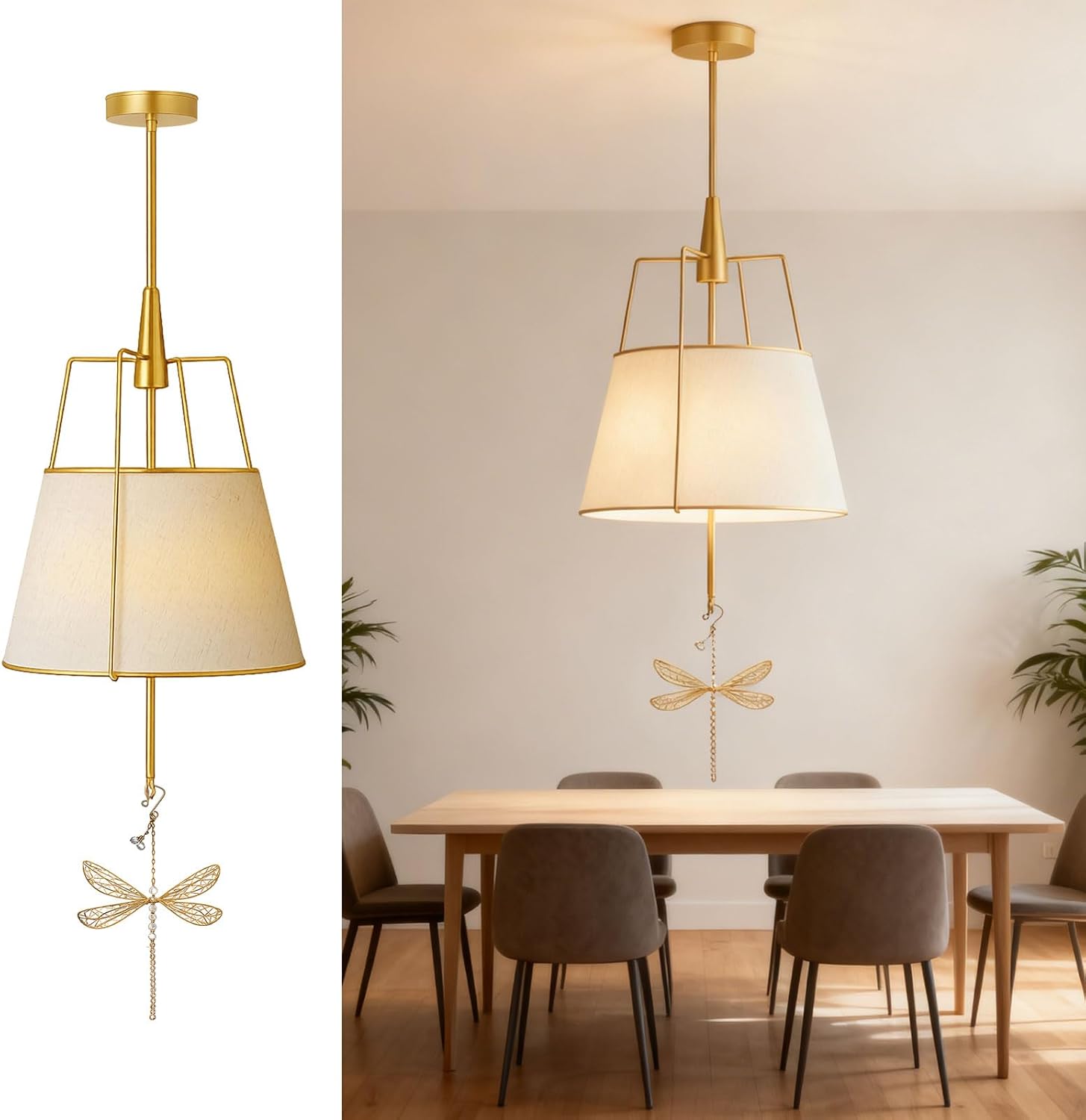 Lustre Tambour Audara-D16in avec Décoration Libellule, Suspension Luminaire Tambour en Lin avec Cadre Métallique, 3 Couleurs Gradables, Convient au Salon, à la Chambre et à la Salle à Manger