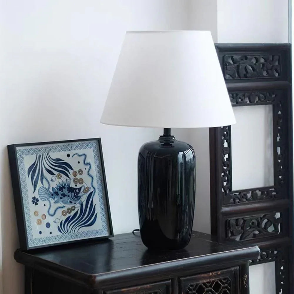 Audara-New Chinese Study Bedroom Bedside Desk Light Office Living Room Wall Cabinet Desk Lamp Villa Farmhouse Club B&B Decoration Table Lamp Luxury Modern Fabric Black Ceramic Lighting Fixture