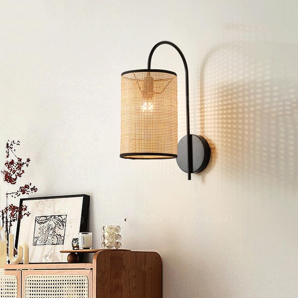 Audara-Bedroom Bedside Hand Woven Wall Lamp Wabi-sabi Style Vintage Rattan Wall Lights Living Room Backdrop Ambiance Sconces Aisle Hallway Single Head Mounted Lighting Fixture